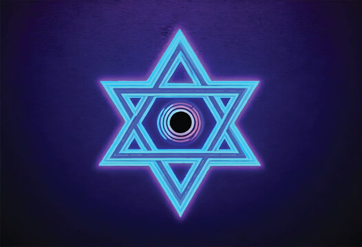 a blue star of david that is lit up in a dark room
