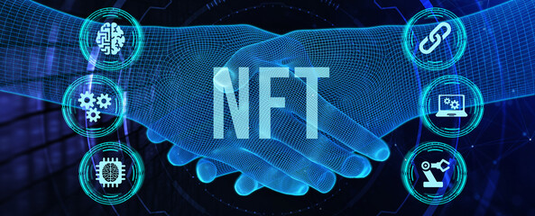 NFT Non-fungible token digital crypto on virtual screen. 3d illustration