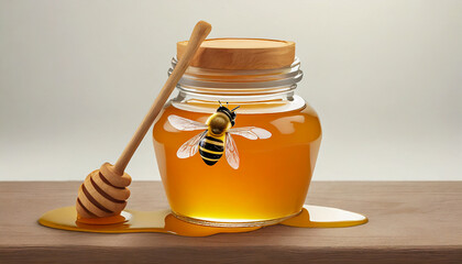 a jar of honey with a wooden top and a honey dipper on a wooden board