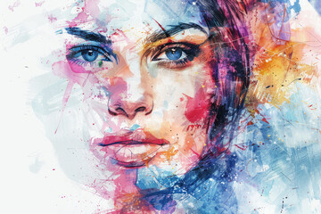 A female portrait transformed into a work of art as vibrant watercolor strokes cascade across the canvas, infusing the artwork with vibrancy and expression.