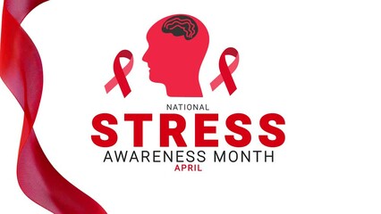 National Stress awareness month. red color ribbon wave motion. head illustration.