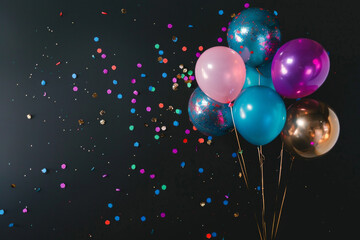A bunch of colorful balloons are floating in the air above a black background