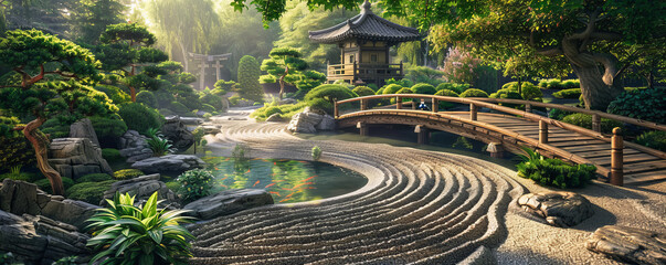 A tranquil Japanese Zen garden adorned with meticulously raked gravel, serene koi ponds, and lush bonsai trees. - obrazy, fototapety, plakaty