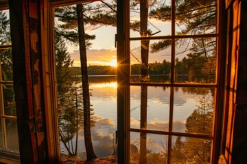 A picturesque window view of a tranquil lakeside cabin surrounded by towering pine trees, with the...