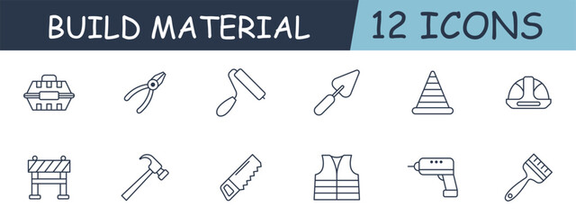 Construction set line icon. Spatula, roller, hammer, saw, cone, helmet, safety, brush. 12 line icon. Vector line icon for business and advertising