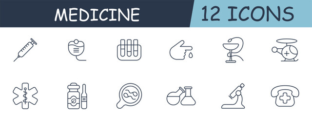 Medicine set line icon. Analysis, blood, helicopter, chemicals, flask, beaker, microscope, magnification. 12 line icon. Vector line icon for business and advertising