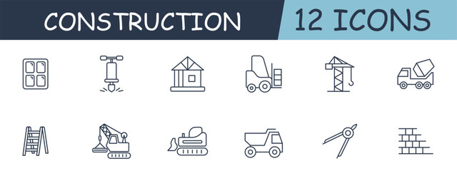 Fototapeta na wymiar Construction set line icon. Brick, concrete mixer, compass, crane, jackhammer, house, loader. 12 line icon. Vector line icon for business and advertising