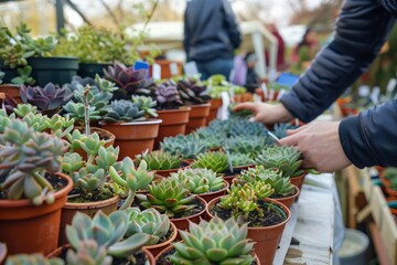 stall with array of potted succulents and buyer - obrazy, fototapety, plakaty