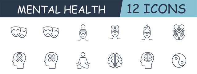 Mental health set line icon. Suppression of emotions, brain, consciousness, yin yang, meditation, yoga. 12 line icon. Vector line icon for business and advertising - obrazy, fototapety, plakaty