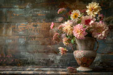 A vintage-style vase filled with a stylish floral arrangement, positioned against a rustic wooden backdrop to create a timeless and elegant image of blooming flowers. - obrazy, fototapety, plakaty
