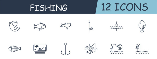 Fishing set line icon. Wobbler, bait, fish, water, lake, ocean, boat, hook. 12 line icon. Vector line icon for business and advertising
