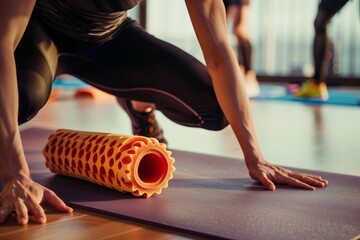 athlete using foam roller on a yoga mat - obrazy, fototapety, plakaty