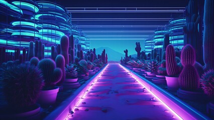 a neon road in a cactus city