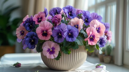   A vase filled with purple and pink flowers sits atop a table beside a potted plant on a windowsill