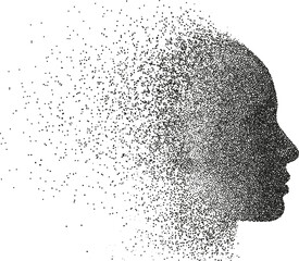 Vector particle face silhouette. Female profile illustration disintegrating into stipple particle effect. Girl's face in cyberspace, disintegrating into humanoid silhouette.