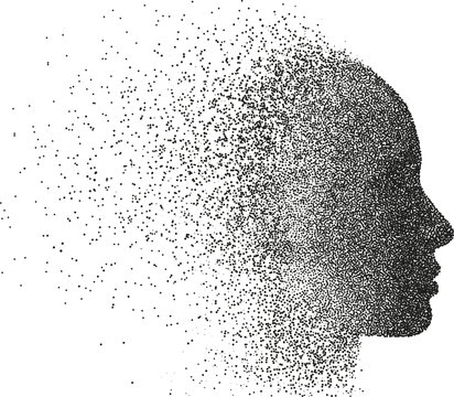 Vector particle face silhouette. Female profile illustration disintegrating into stipple particle effect. Girl's face in cyberspace, disintegrating into humanoid silhouette.