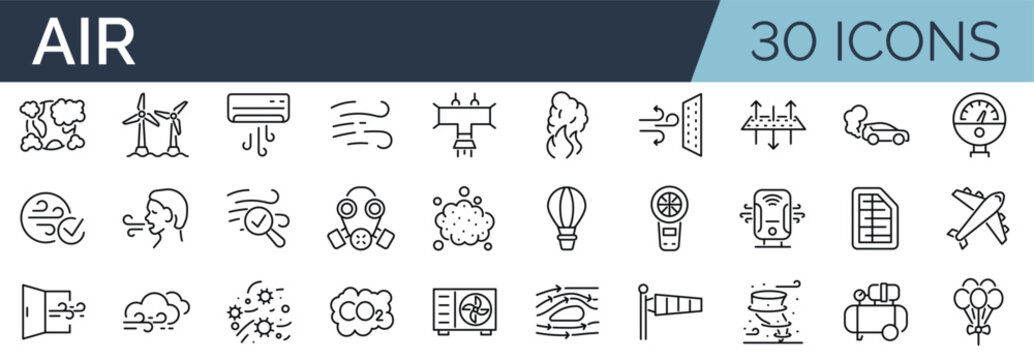 Set of 30 outline icons related to air. Linear icon collection. Editable stroke. Vector illustration