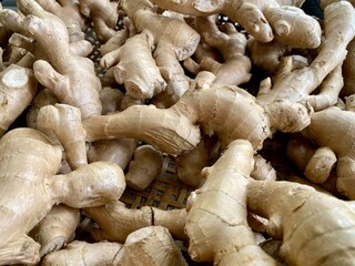 Close-up photo of ginger in market. Vegetable texture and background.