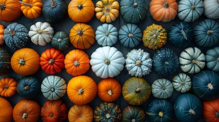   A group of pumpkins arranged on a wooden table in front of a wall