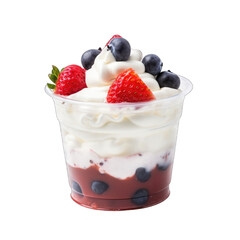 Whipped cream dessert with berries in plastic cup