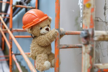 teddy bear in a hard hat climbing a tiny scaffolding