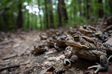 Obraz premium group of toads hopping across a forest trail