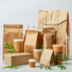 A variety of paper bags and cups are displayed