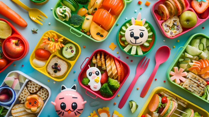 Fototapeta na wymiar A Colorful Display of Creative and Healthy Bento Box Lunch Ideas for Kids