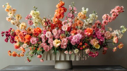   A vase overflowing with vibrant blossoms rests atop a wooden table, adjacent to a wall
