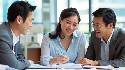 Professionals collaborate effectively in a bright office setting to achieve project goals