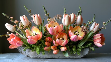   A stone vase holds a bouquet of tulips and other flowers on a white table against a gray background