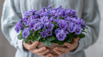 Fototapeta premium A person closely holds a potted plant, displaying purple blooms from its top