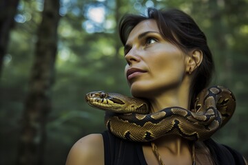 woman with a snake wrapped around her shoulders