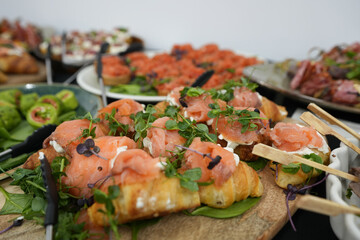 Platters with various types of food.European cuisine