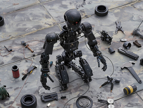 A black humanoid robot is being disassembled and reassembled for repair.