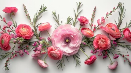   Pink flowers sit on white table with green stems - obrazy, fototapety, plakaty
