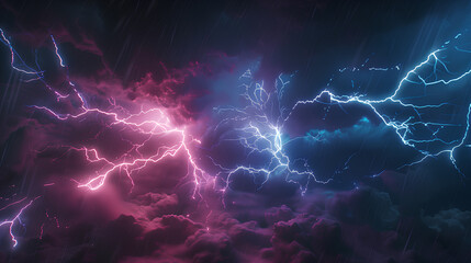 A stormy sky with a purple and blue sky and a tall power line. The sky is filled with lightning bolts