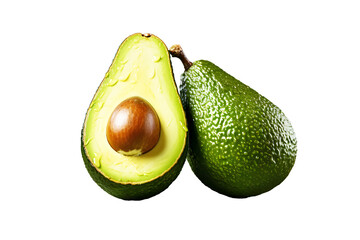 Green Avocado half with brown seeds and whole isolated on cut out PNG or transparent background. Ripe fresh green avocado. Avocado Clipping Path. Realistic clipart template pattern.