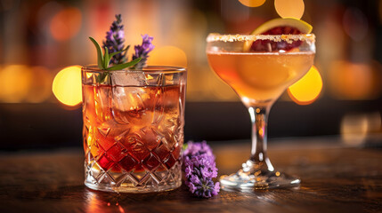   A close-up of a drink in a glass next to a glass filled with the same drink on a table