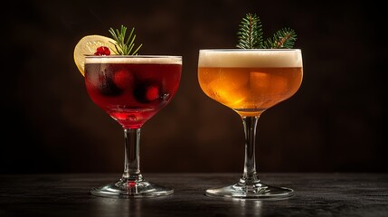   Two wine glasses with alcohol, garnished with rosemary in close-up