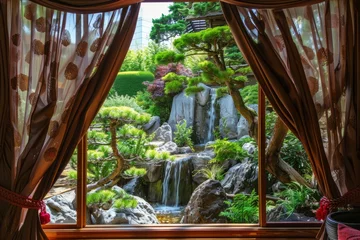  A tranquil window scene looking out onto a peaceful Zen garden, with manicured rock formations, graceful bonsai trees, and the gentle sound of a trickling waterfall, Generative AI © Formatikastd