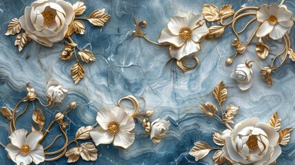 Elegant Metallic Floral Decoration on Textured Blue Background