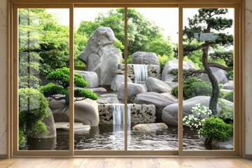 A tranquil window scene looking out onto a peaceful Zen garden, with manicured rock formations, graceful bonsai trees, and the gentle sound of a trickling waterfall, Generative AI