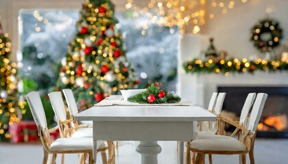 Fototapeta na wymiar Festive Feast: White Table Set in Christmas Dining Room with Tree in Background