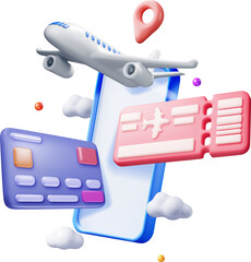 3d Airline Ticket, Airplane and Phone