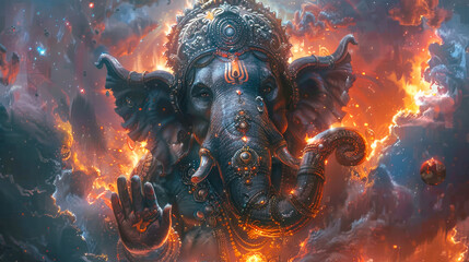 Divine Ganesha Amidst Ethereal Clouds Illustration. - obrazy, fototapety, plakaty
