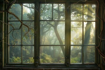 An enchanting window view of a misty forest bathed in the soft light of dawn, with wisps of fog swirling through the trees and the first rays of sunlight filtering through the canopy, Generative AI