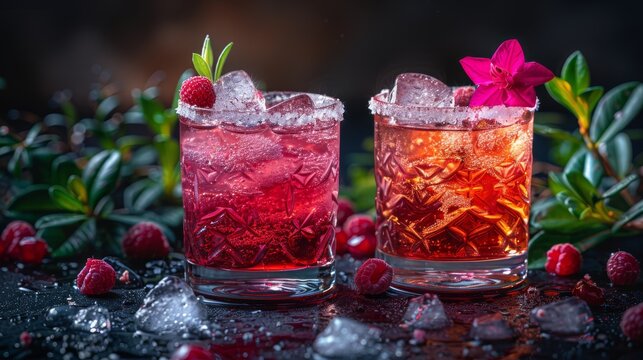   Two raspberry shrub tea glasses with ice and a flower on a black table with leaves and berries