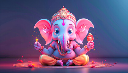 Animated Ganesha with Festive Diyas and Petals. - obrazy, fototapety, plakaty