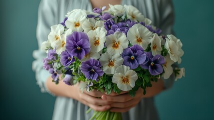   A tight shot of a person clutching a floral arrangement containing lavender and white blossoms at its center